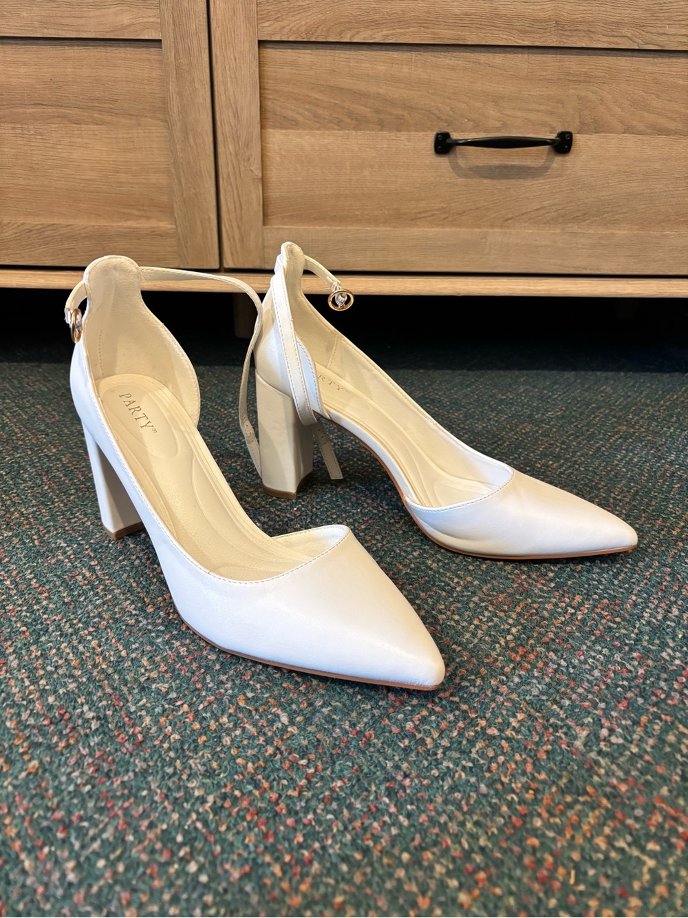 White Pointed Toe Ankle Strap Block Heel Pumps